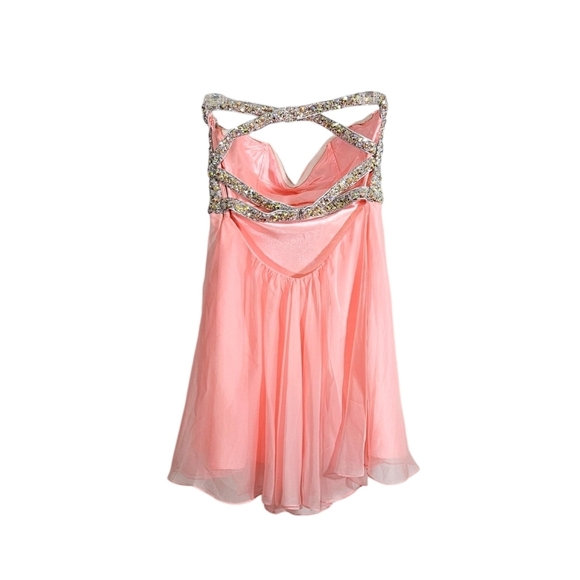 La Femme Glittery Beaded Pink Chiffon Mini Dress - Picture 2 of 7